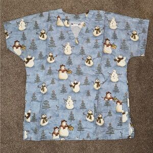 Snowman and Bear Print Blue Scrub Top
